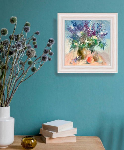 夏, 油絵,花束 夏の花の絵、キャンバスに油絵、静物、花瓶に青い草原の花