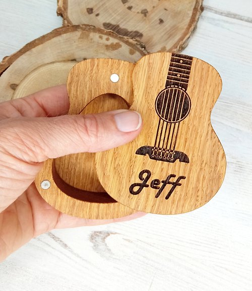 EngravedWoodBox Guitar shaped box for guitar picks for personalized gift to music lover
