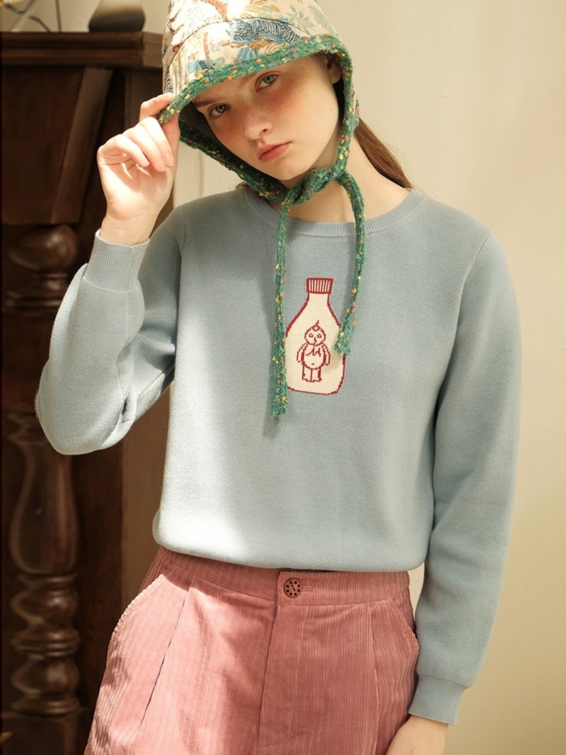 Mintcheese Vintage Fun Baby Blue Pullover Knit - สเวตเตอร์ผู้หญิง - ผ้าฝ้าย/ผ้าลินิน สีน้ำเงิน