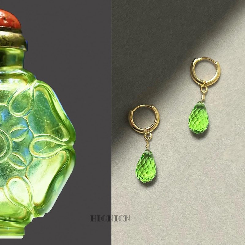 Hi Onion original niche apple green water drop ear clip earrings spring and summer wear personality men and women earrings - ต่างหู - คริสตัล 