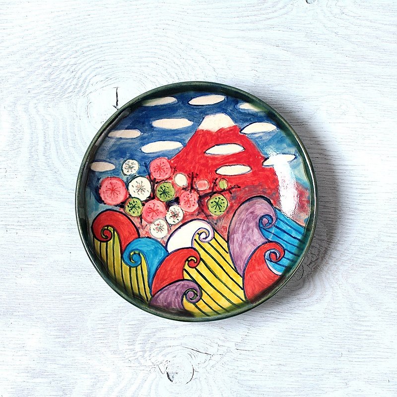 波と梅と富士山の色絵皿 - アロマ・線香 - 陶器 多色