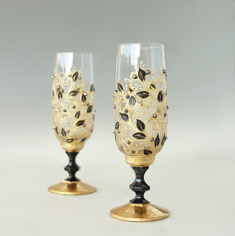 Retro Champagne Glasses Hand painted set of 2 - 酒杯/酒器 - 玻璃 金色