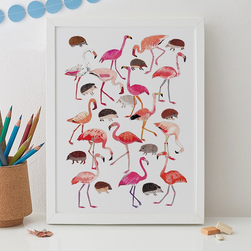 フラミンゴとハリネズミのプリント - ポスター・絵 - 紙 ピンク