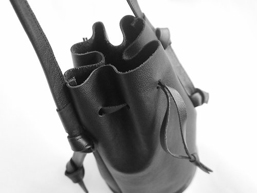 fourjei Black Leather Bucket Bag, hobo / cross body bag with adjustable strap