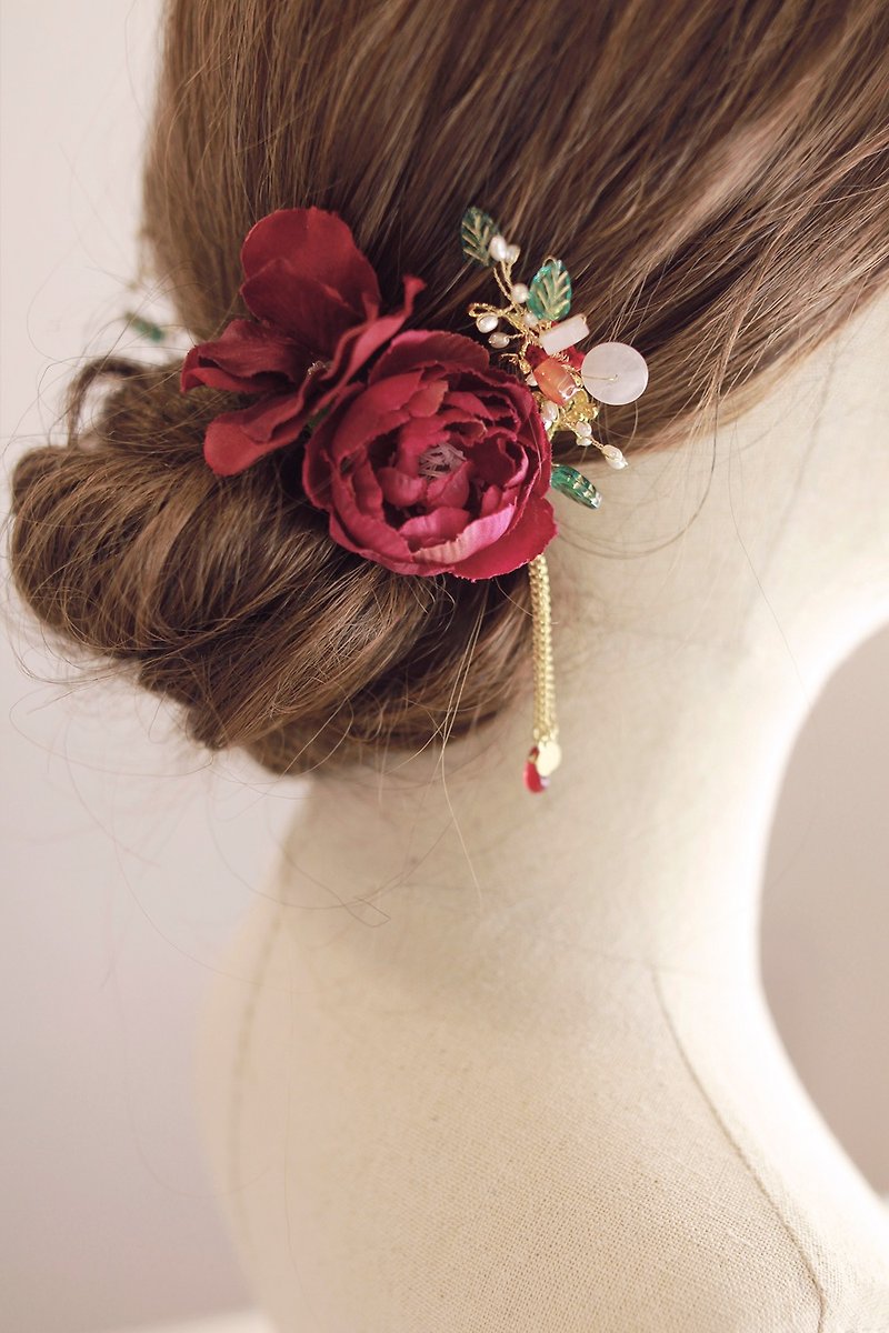 (Green leaf pink crystal) Bridal Headpiece Bridal headpiece, Chinese style headdress, skirt, headdress - เครื่องประดับผม - แก้ว สีแดง