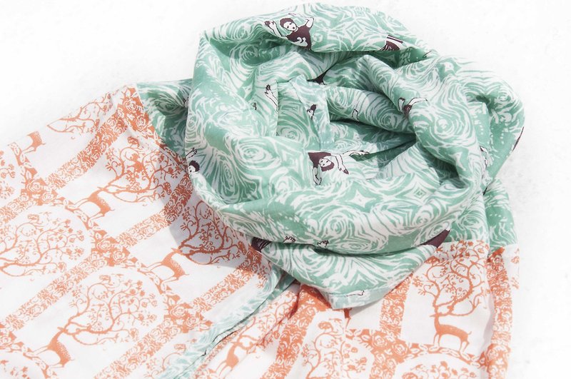 手織りの純綿シルクスカーフ手作りの木版印刷工場染めスカーフ木染め綿シルクスカーフ-オレンジエルクの森 - スカーフ - コットン・麻 多色