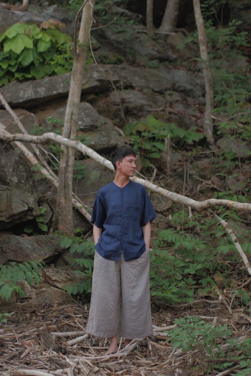 Baseball top | linen with natural color - 女上衣/長袖上衣 - 棉．麻 藍色