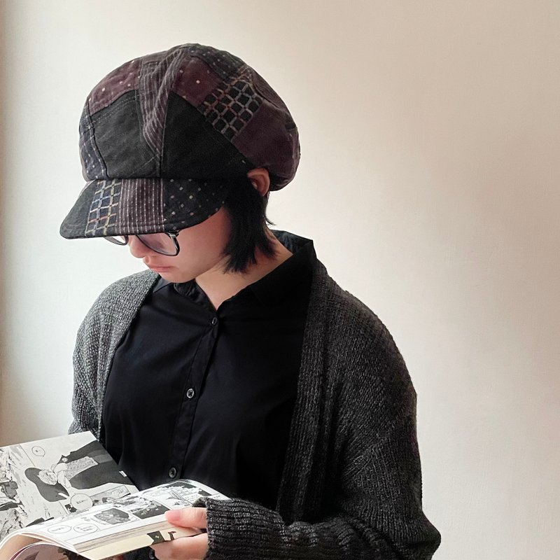 Newsboy hat/Japanese vintage dyed fabric/Special black/Christmas gift - Hats & Caps - Cotton & Hemp Black