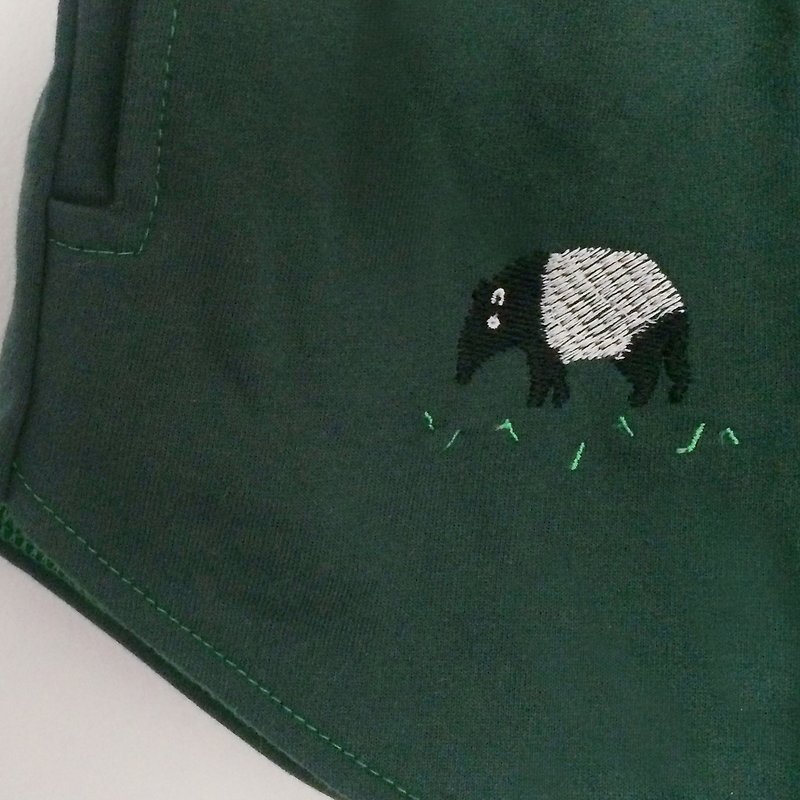 Tapir  Embroidery - Shorts / Dark Green - 女裝 短褲/牛仔短褲 - 棉．麻 綠色