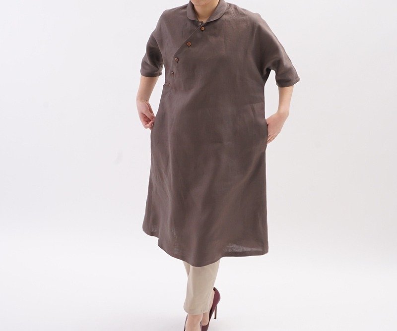 Belgian linen Ao dai shawl collol dolman sleeve one-piece dress / van denke brown a047b-vbn2 - One Piece Dresses - Cotton & Hemp Brown