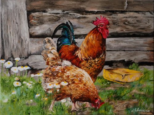 GalleryPaintingsArt Original Oil Painting Rooster and Hens, Chicken Artwork, Realistic Nature