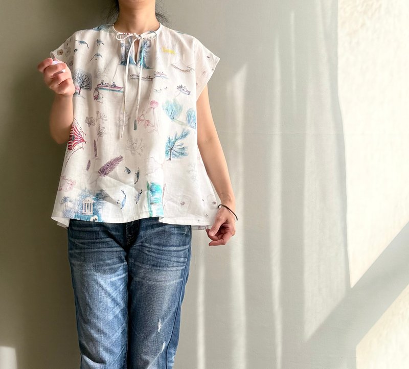 森林公園/設計師印花亞麻圓領綁蝴蝶結法式袖上衣100%亞麻 - 背心/無袖上衣 - 棉．麻 