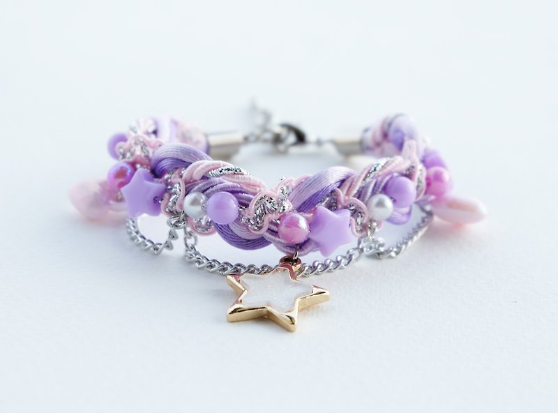 Lilac & pale pink braided bracelet with glittered white star and heart charm - สร้อยข้อมือ - วัสดุอื่นๆ สีม่วง