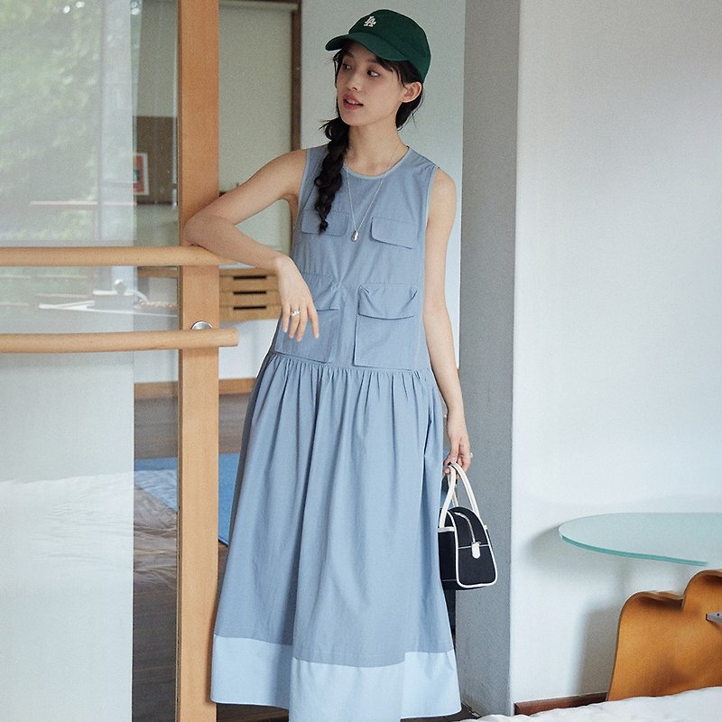 立體口袋工裝背心裙|洋裝|夏款|Sora-1514 - 連身裙 - 棉．麻 藍色