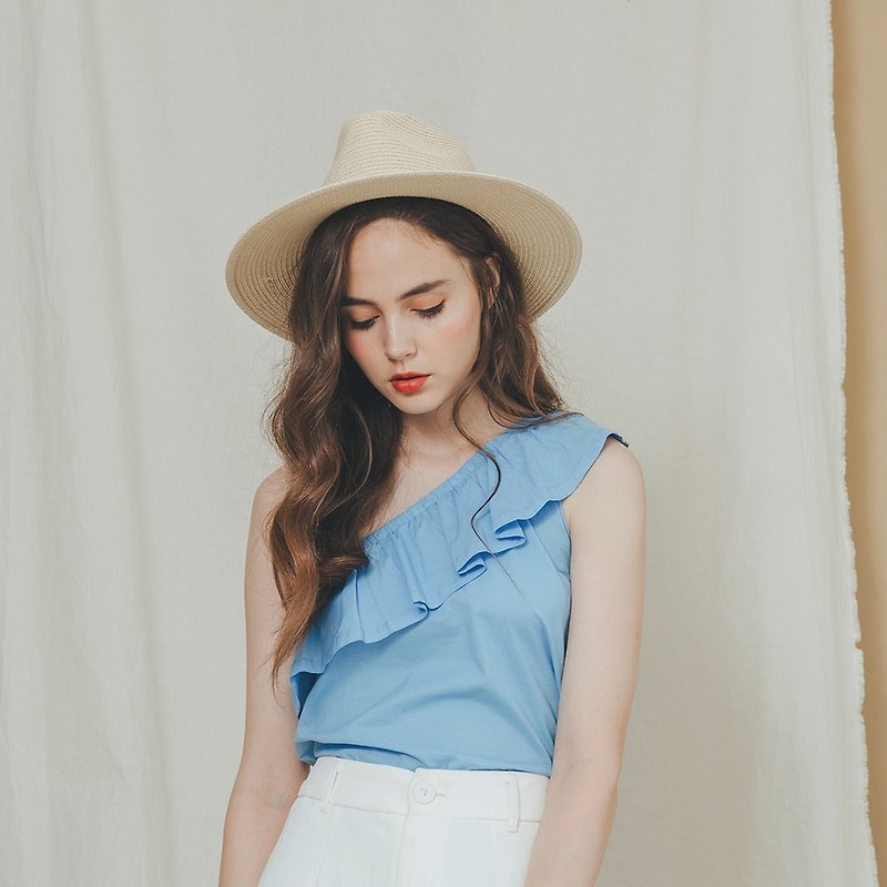 【HotSummer】Oblique shoulder leaf hem top (blue)│Who Cares Taiwanese clothing brand - เสื้อกั๊กผู้หญิง - ผ้าฝ้าย/ผ้าลินิน สีน้ำเงิน