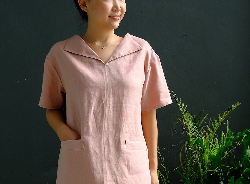 pink coral 100% linen pikul dress / open collar - 連身裙 - 亞麻 粉紅色
