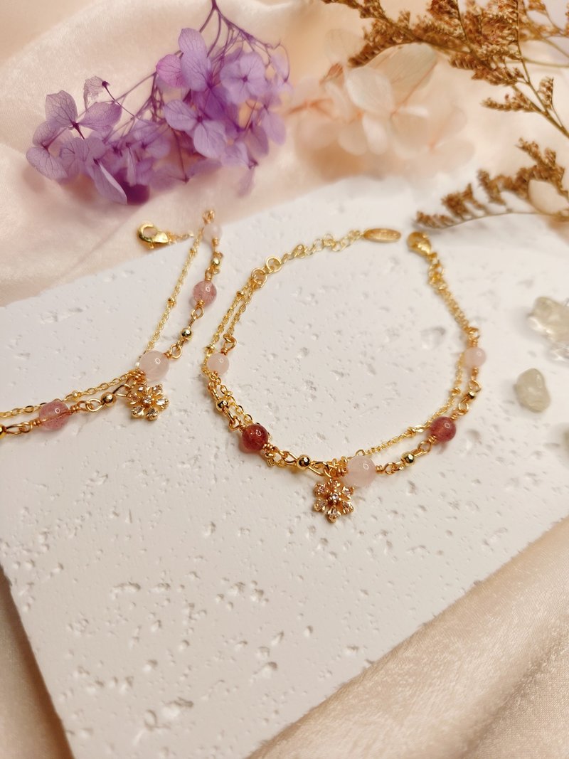 Sparkling Love [Pink]-Peach Blossom Crystal│Rose Quartz/Strawberry Crystal Braided Double Chain Bracelet│Chinese Valentine's Day - Bracelets - Semi-Precious Stones Pink