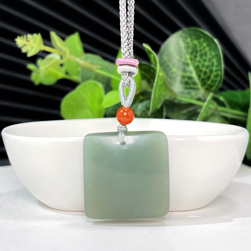 Hetian Jade Qimo Blue Princess Square Pendant Safe and Safe Brand Plain Jade Necklace With Certificate Small and Cute - สร้อยคอ - หยก สีเขียว