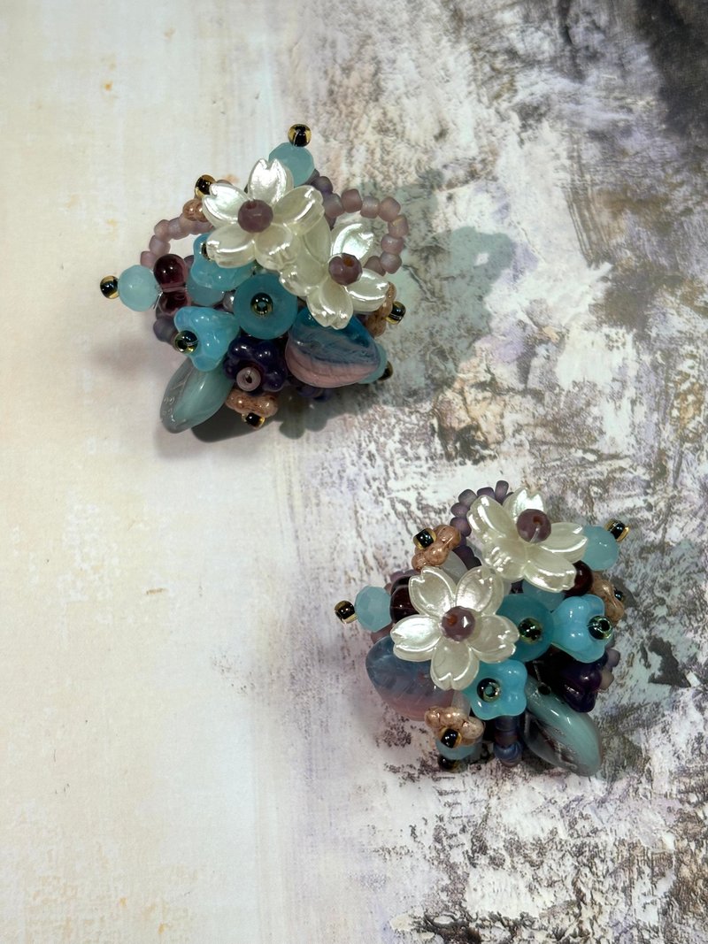 Blue Purple Bouquet Earrings with Czech Glass Beads,Handmade Beaded Wildflowers - Earrings & Clip-ons - Glass Multicolor