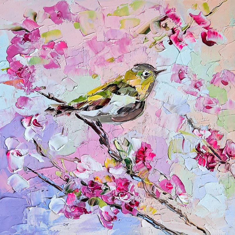 Japanese White - Eye Bird Oil Painting Cherry Blossom Original Art Sakura Art - 牆貼/牆身裝飾 - 木頭 粉紅色