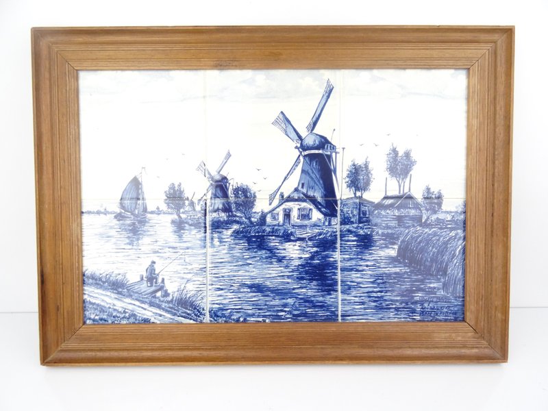 Vintage Dutch Delft Blue Tile Tableau – Ceramic Windmill House, Framed - 壁貼/牆壁裝飾 - 陶 多色