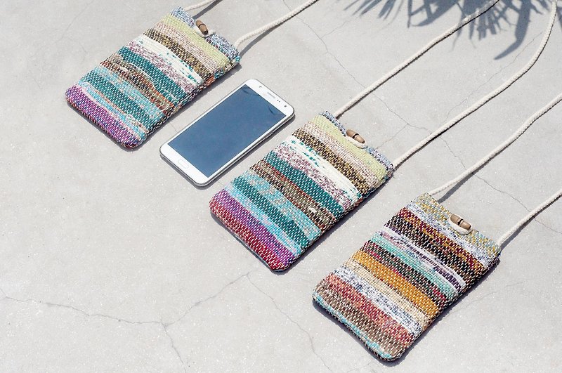 Hand-feel woven saree line mobile phone bag/mobile phone case/shoulder bag/small bag/ leisure card case-earth gradient - Phone Cases - Silk Multicolor