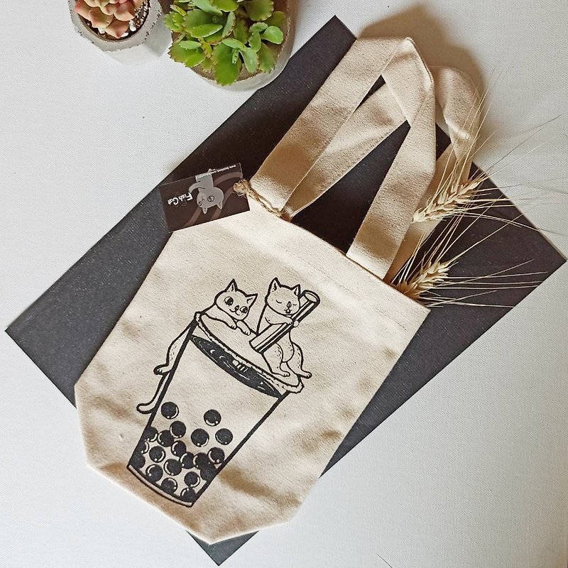 Handmade Beverage Bag - กระเป๋าถือ - ผ้าฝ้าย/ผ้าลินิน สีกากี