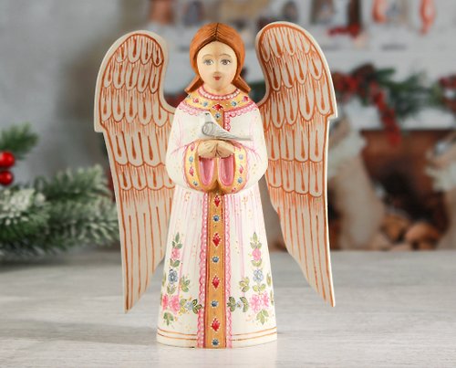 FirebirdWorkshop Easter Angel decor Wood angel with dove Archangel Wood angel red and white Angel