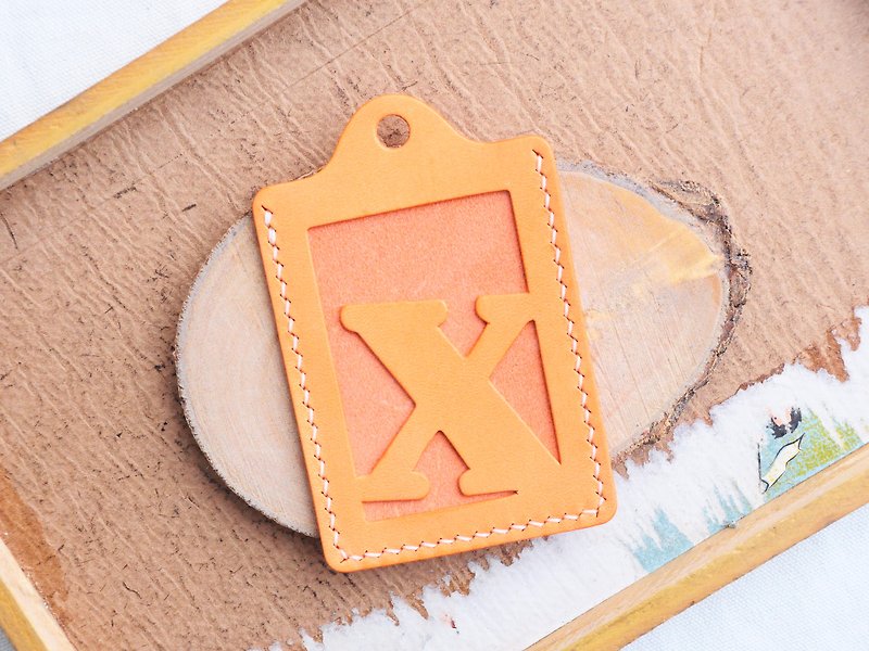 Initial X letter ID cover well stitched leather material bag card holder business card holder free engraving - ที่ใส่บัตรคล้องคอ - หนังแท้ สีส้ม