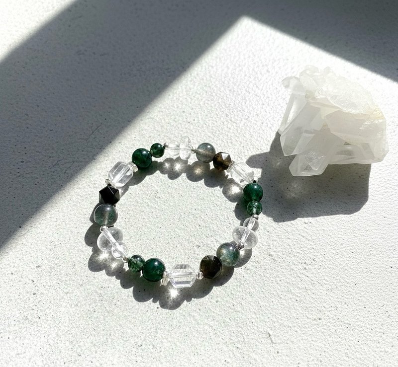 Ops Labradorite Rock crystal Moss agate Gemstone Silver Obsidian Bracelet - สร้อยข้อมือ - เครื่องเพชรพลอย สีเขียว