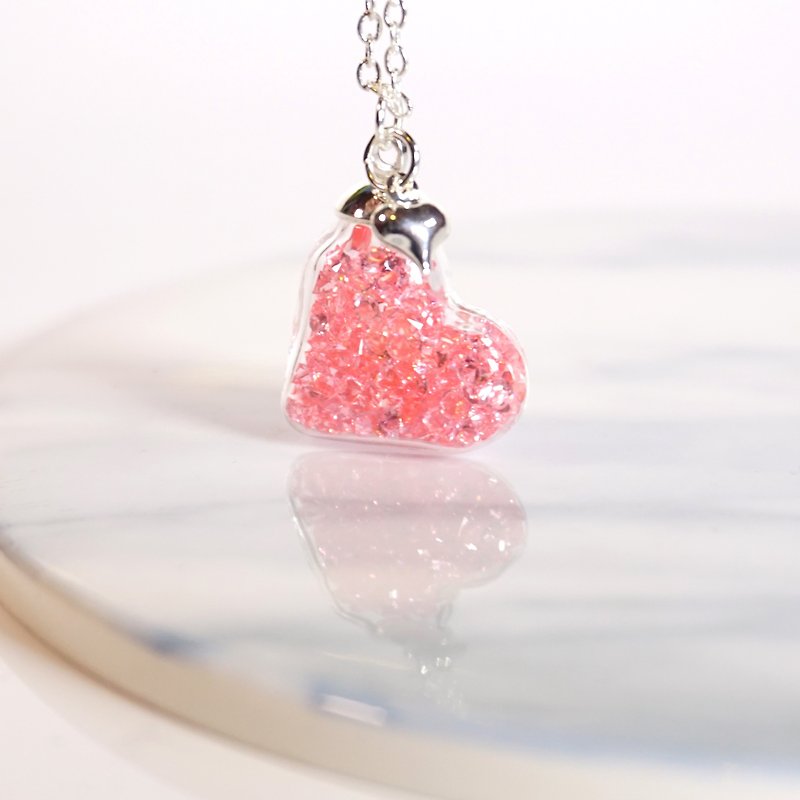 Heart Shape with Pink Crystals Glass Ball Necklace - สร้อยติดคอ - แก้ว สึชมพู