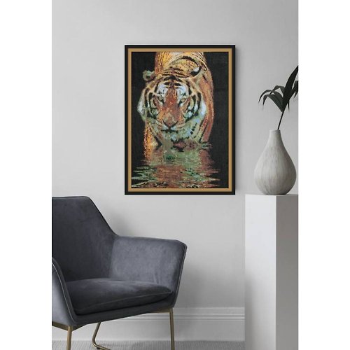 RomanovaCrossStitch Handmade Tiger Thread Painting Canvas Wall Art Picture for Living Room Decor