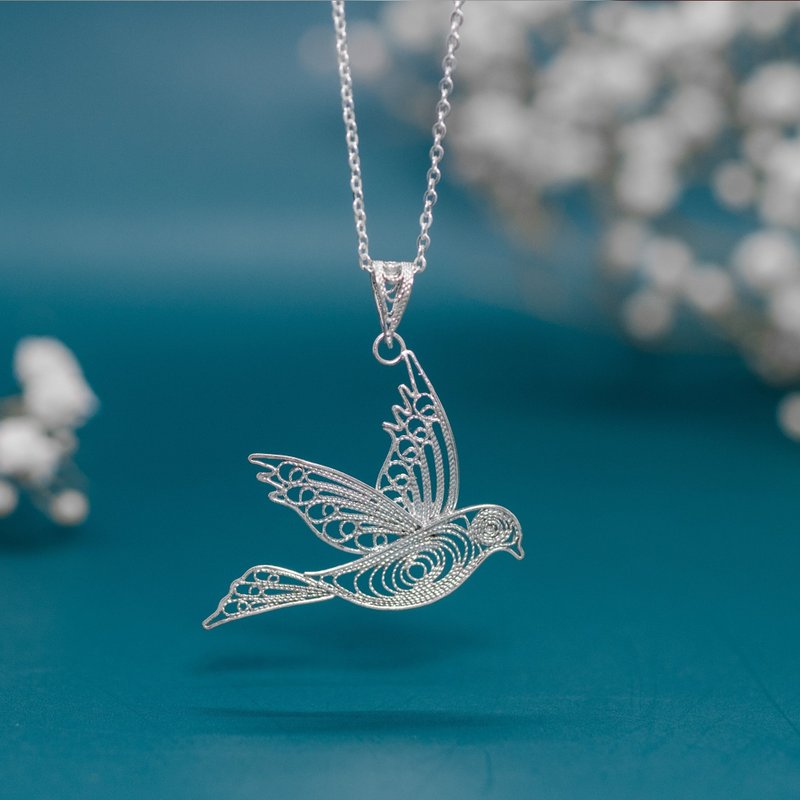 Handcrafted pigeon necklace Silver Filigree AG999 | Jewelry Art Studio - สร้อยคอ - เงิน สีเงิน