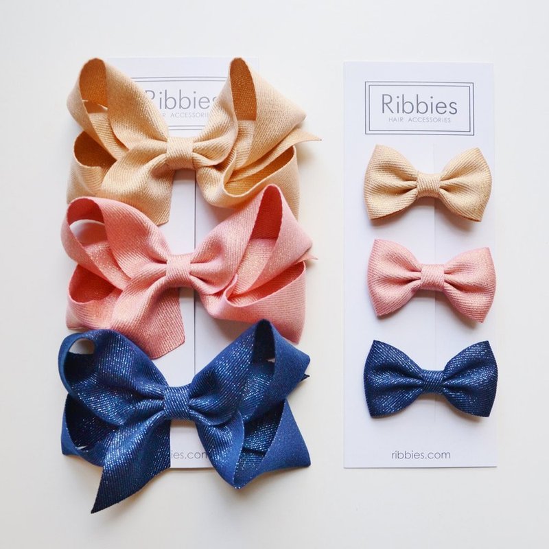 British Ribbies Double Large Bow 3 into the Group-Pink/Gold/Navy Blue - Hair Accessories - Polyester 