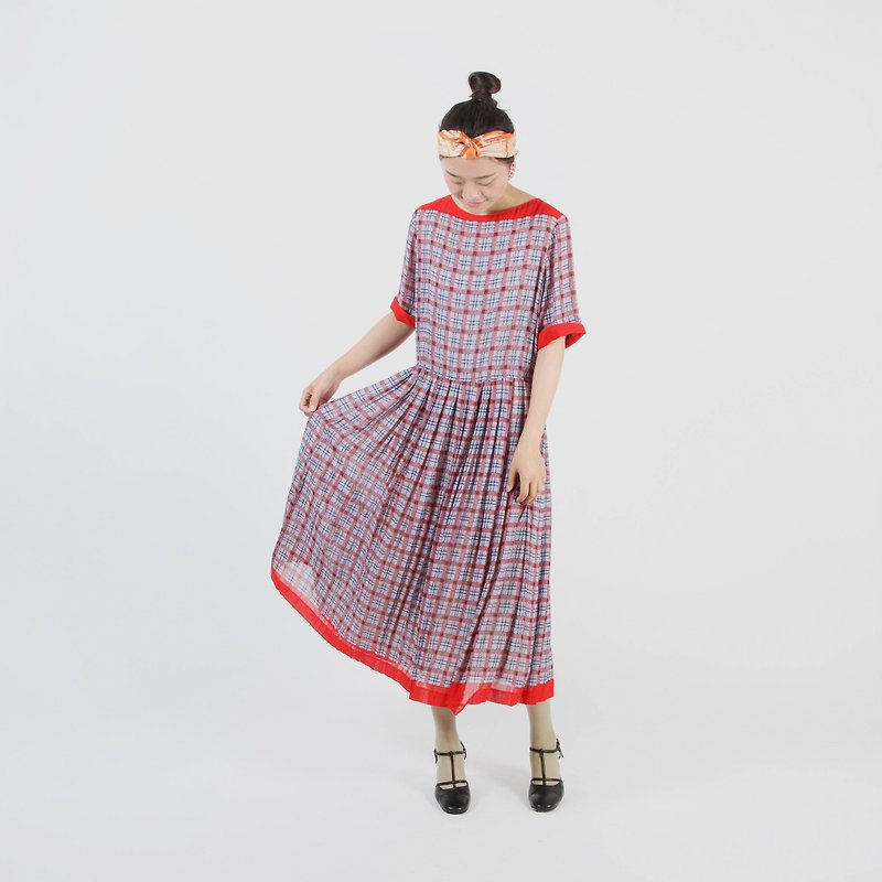 [Egg plant ancient] warm plaid print short-sleeved vintage dress - One Piece Dresses - Polyester Multicolor