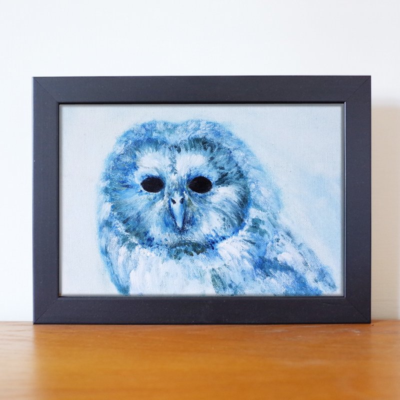 Animal #11 Owl Oil Painting F No. 1 with frame size about 26*19cm - โปสเตอร์ - สี สีน้ำเงิน