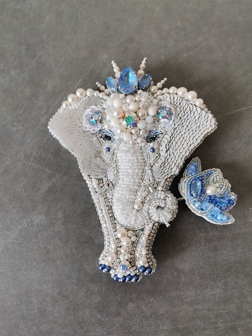 HappyShick White elephant jewelry brooch with Blue lotus flower pin