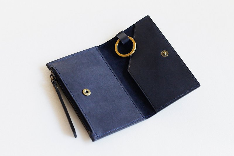 深海藍植鞣革單扣黃銅鑰匙零錢包 - 散紙包 - 真皮 藍色