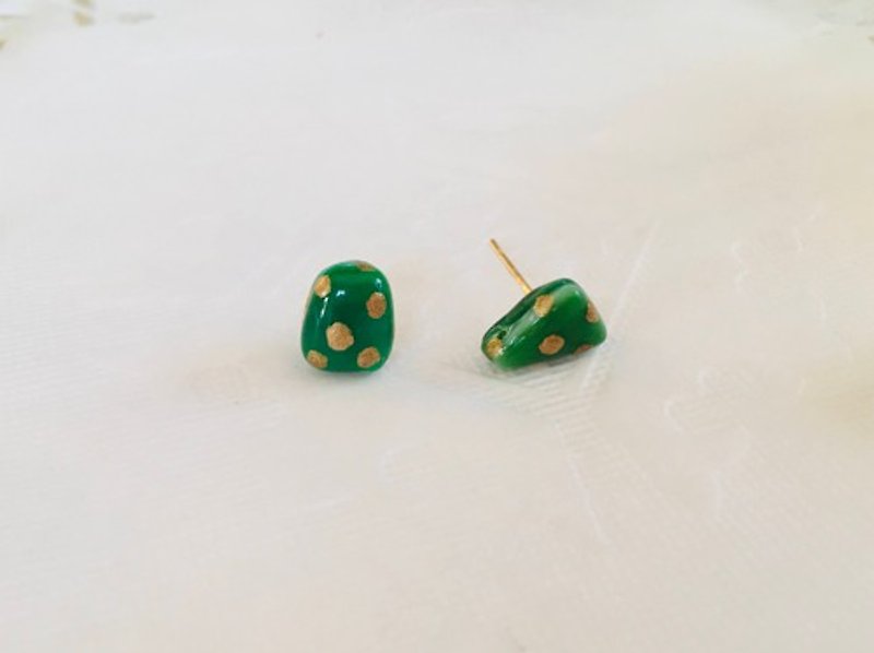 Kintsugi stained glass earrings dot pattern, green - ต่างหู - แก้ว สีเขียว
