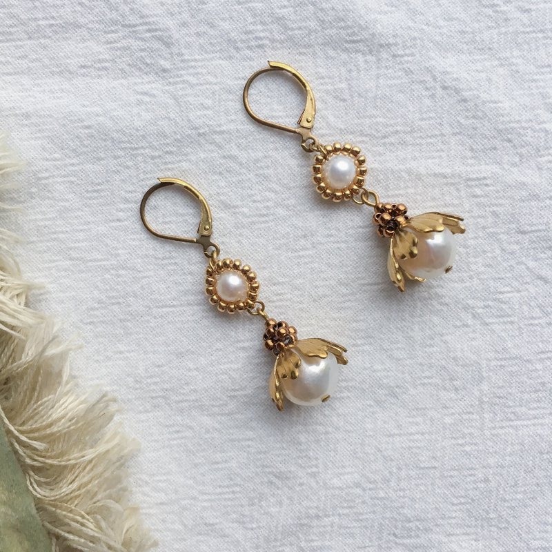 Summer Flower Drop Earrings Bronze Earrings Freshwater Pearl Japanese Beads Braided Earrings - Earrings & Clip-ons - Copper & Brass Gold