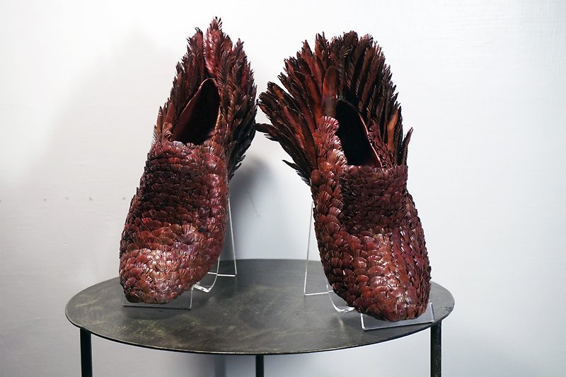 Golden Feather Myth - Hummingbird Feather Boots / Metal Sculpture Art (SOLD) - High Heels - Other Metals 