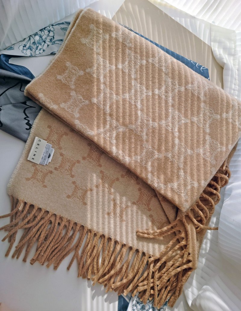 中古孤品 CELINE 老花凱旋門 羊毛 毛毯蓋毯頸巾圍巾領巾圍脖披肩 - 圍巾/披肩 - 羊毛 卡其色