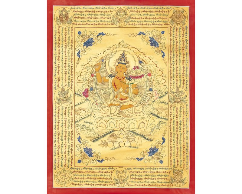 手工文殊師利唐卡 – 神聖智慧與清晰的象徵 - 壁貼/牆壁裝飾 - 其他材質 多色