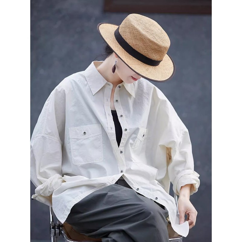 Creamy white double-stranded 200-count long-staple cotton lapel painter's large shirt - เสื้อเชิ้ตผู้หญิง - ผ้าฝ้าย/ผ้าลินิน 