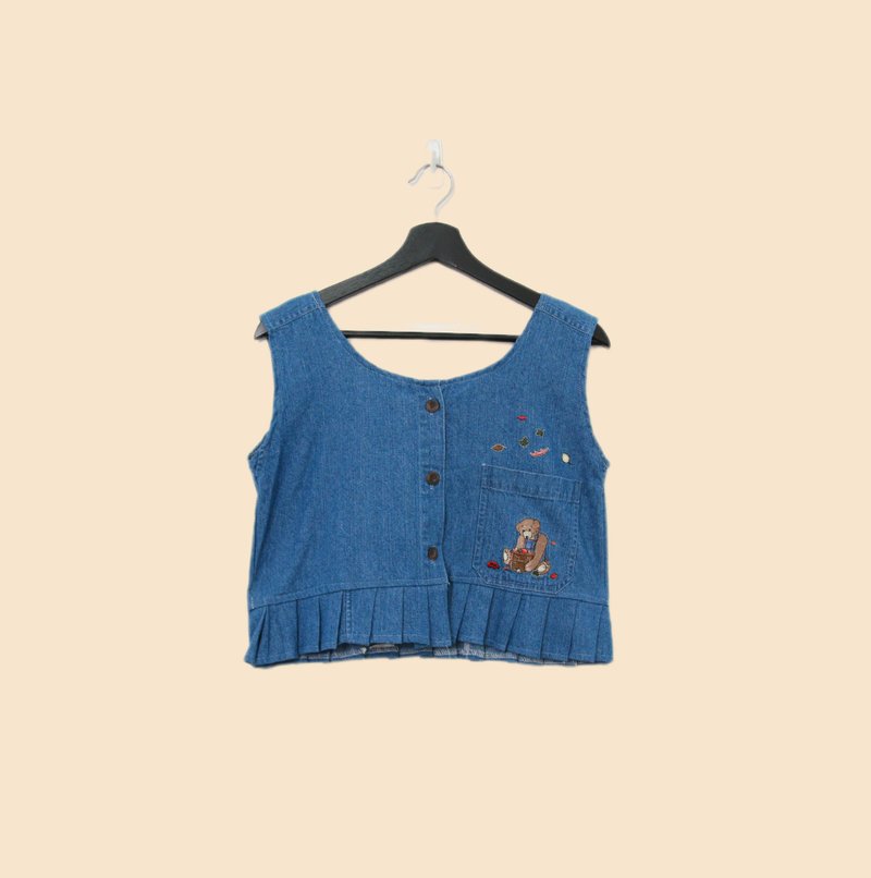 Back to Green-丹寧刺繡背心 穿背心的小熊 dv-30//vintage vest - 背心/無袖上衣 - 棉．麻 