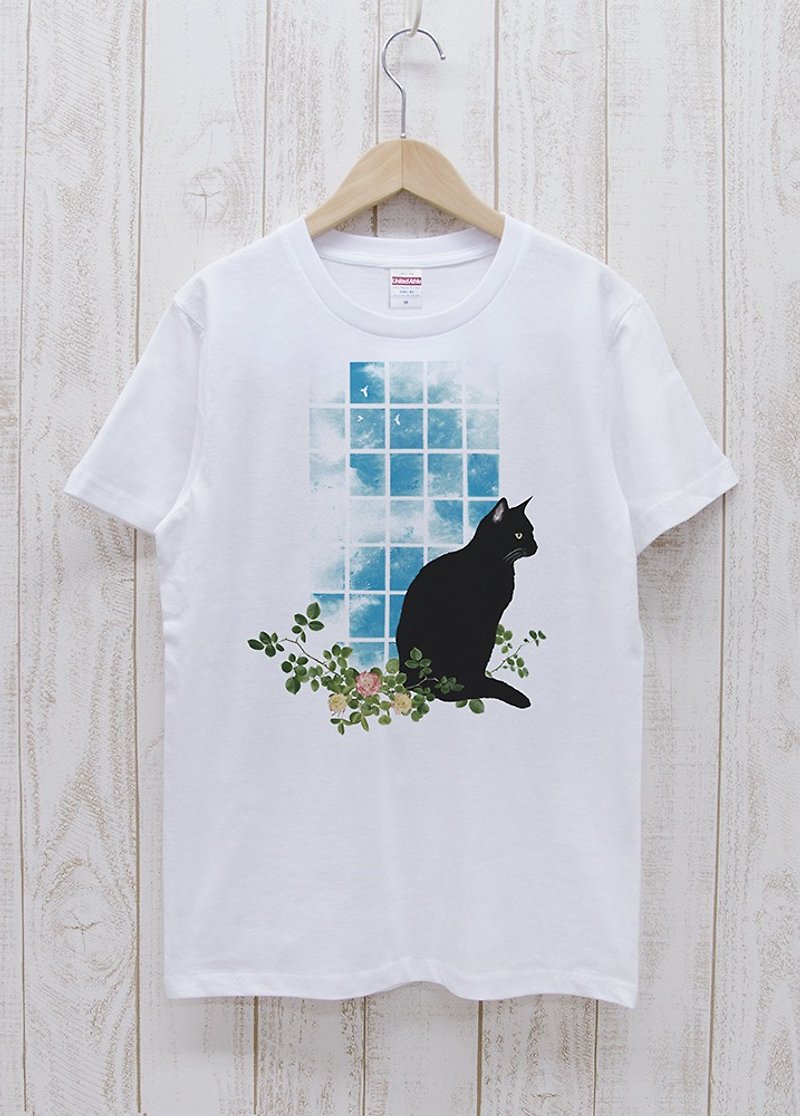 Standing Black Cat Window NOON White / R029-T-WH - เสื้อฮู้ด - ผ้าฝ้าย/ผ้าลินิน ขาว