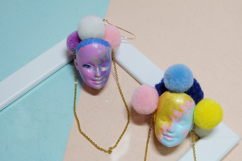 Barbie head pompom Earrings /handprint/upcycled jewelry/hippie/Clown/Circus - Earrings & Clip-ons - Silicone Multicolor