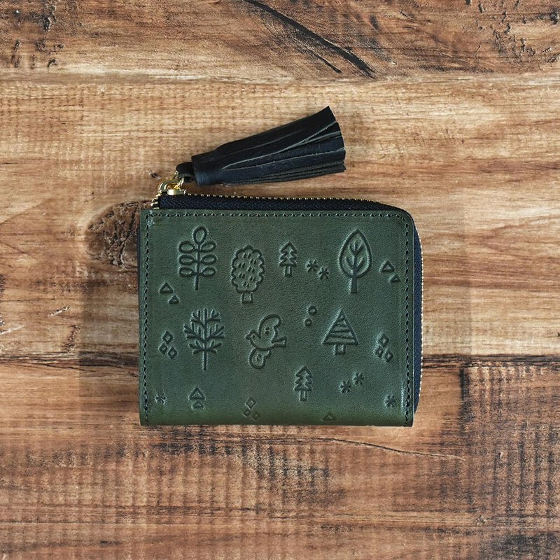 Tochigi Leather Mini Wallet with Skimming Prevention TIDYmini Made in Japan Embossed Genuine Leather Cowhide Leather Green JAW025 - กระเป๋าสตางค์ - หนังแท้ สีเขียว