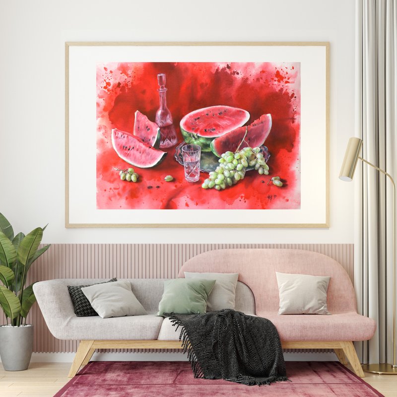 Watermelon original watercolor handmade painting by artist Irina Zhunaeva - 壁貼/牆壁裝飾 - 紙 紅色