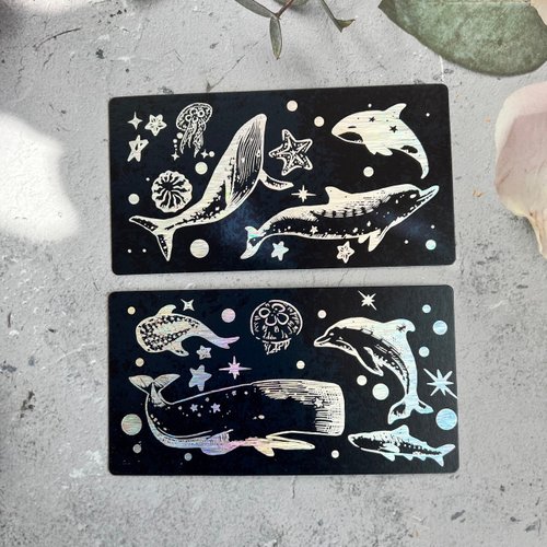 梅刺插畫設計工作室 星空裡的海洋雙面燙金卡片(一組兩張)